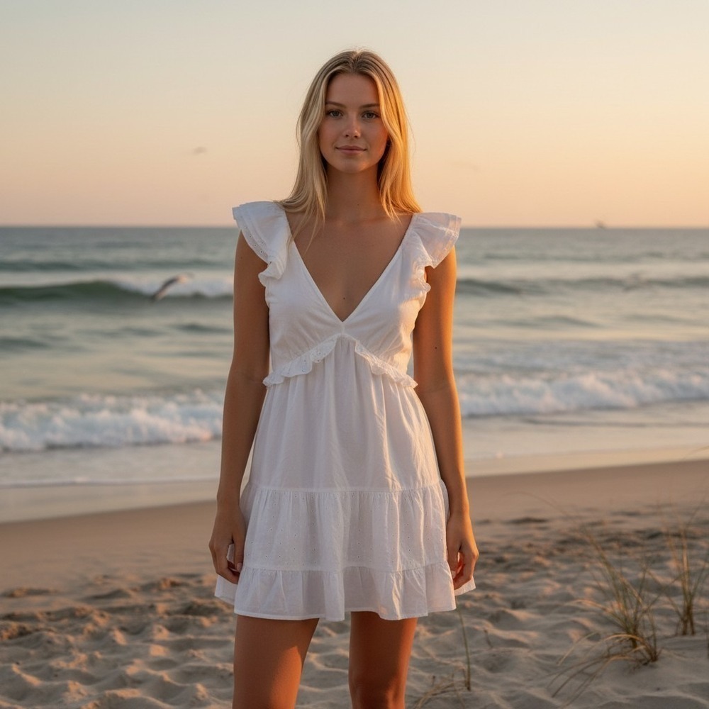 Hint Of Blush Women's M White Ruffles Tie Back Eyelet Cotton Tiered Mini Dress